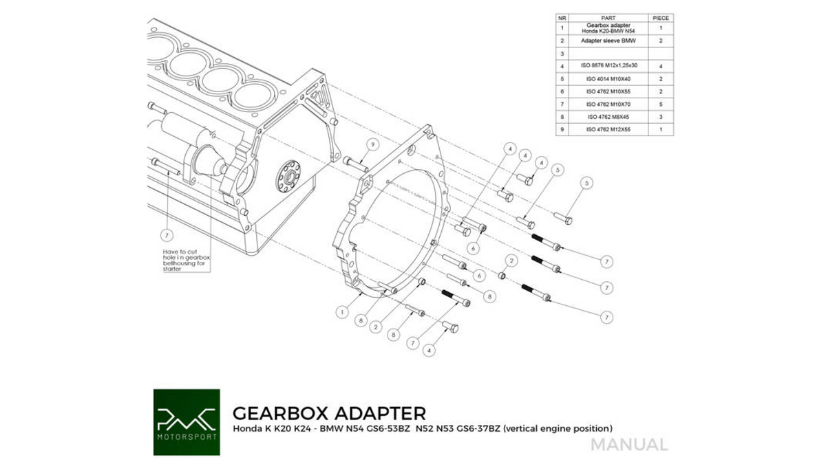 Vaihteistoadapteri: Honda K K20 K24 → BMW DCT DKG GS7D36SG / N54 GS6-53BZ (V), pystyasentoinen moottori | PMC