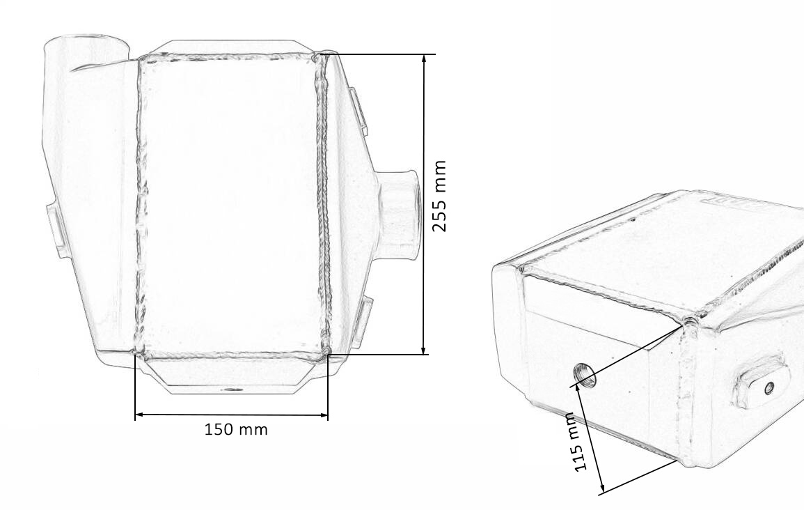 Vesi-ilmavälijäähdytin 150x255x115, 3" (lähdöt 1x90° 1x0°)